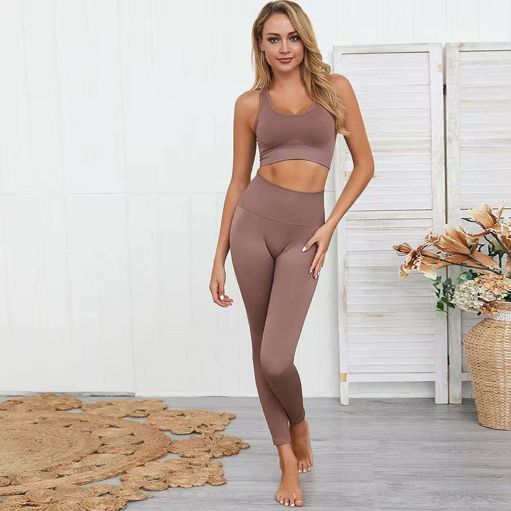 Women’s Seamless 2-Piece Workout Set – Long Sleeve Crop Top & High-Waisted Leggings