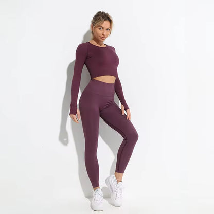 Women’s Seamless 2-Piece Workout Set – Long Sleeve Crop Top & High-Waisted Leggings