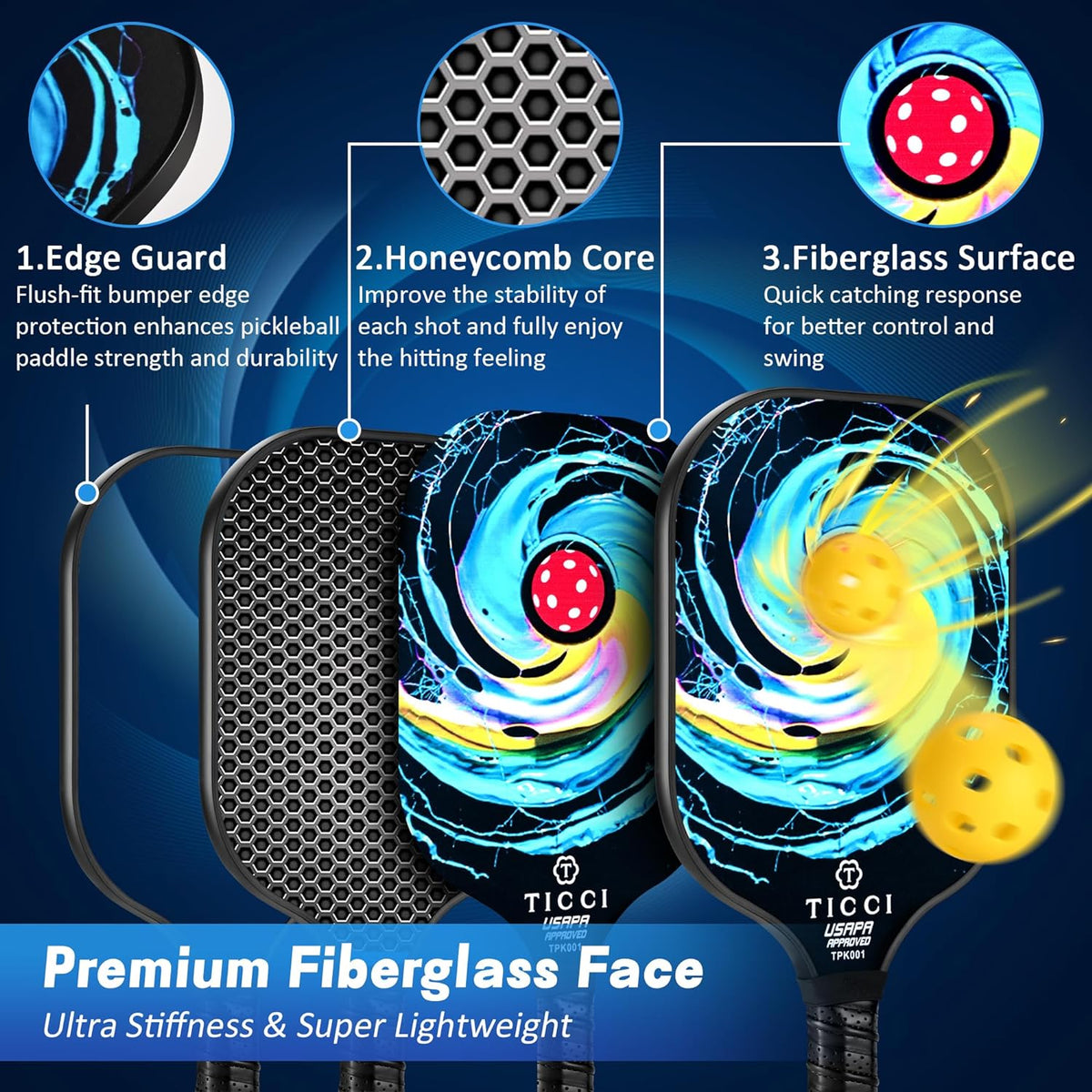 Professional Pickleball Paddle Set of 2, USAPA Approved Fiberglass Rackets with 4 Balls & Carry Bag, Lightweight Design for Beginners and Adults