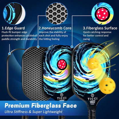 Professional Pickleball Paddle Set of 2, USAPA Approved Fiberglass Rackets with 4 Balls & Carry Bag, Lightweight Design for Beginners and Adults