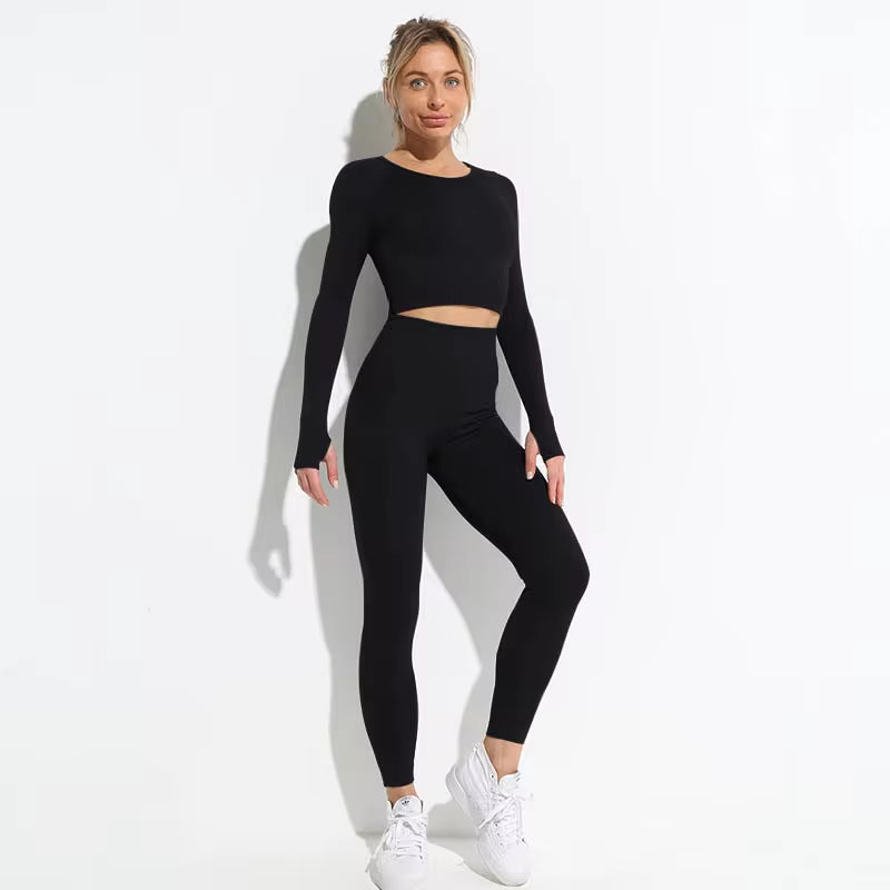 Women’s Seamless 2-Piece Workout Set – Long Sleeve Crop Top & High-Waisted Leggings