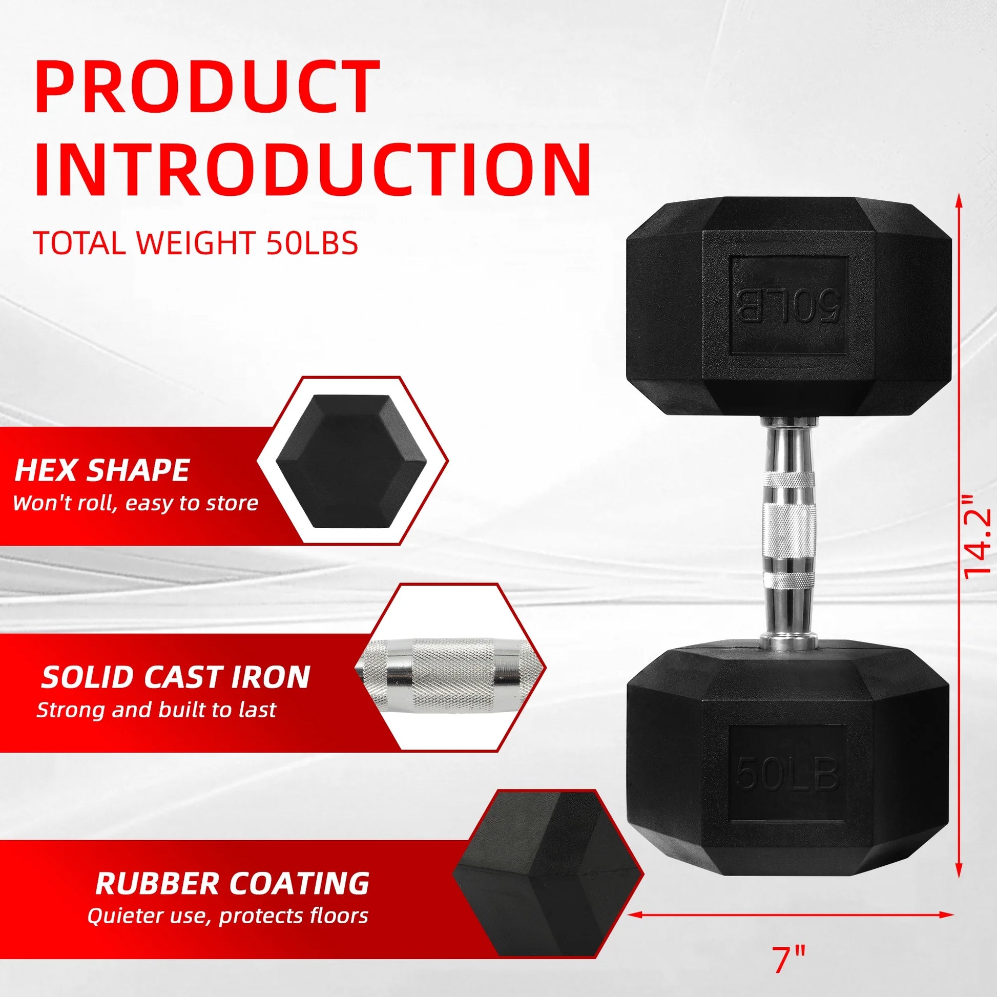 50 lb Rubber Encased Hex Dumbbell – Single Strength Training Weight