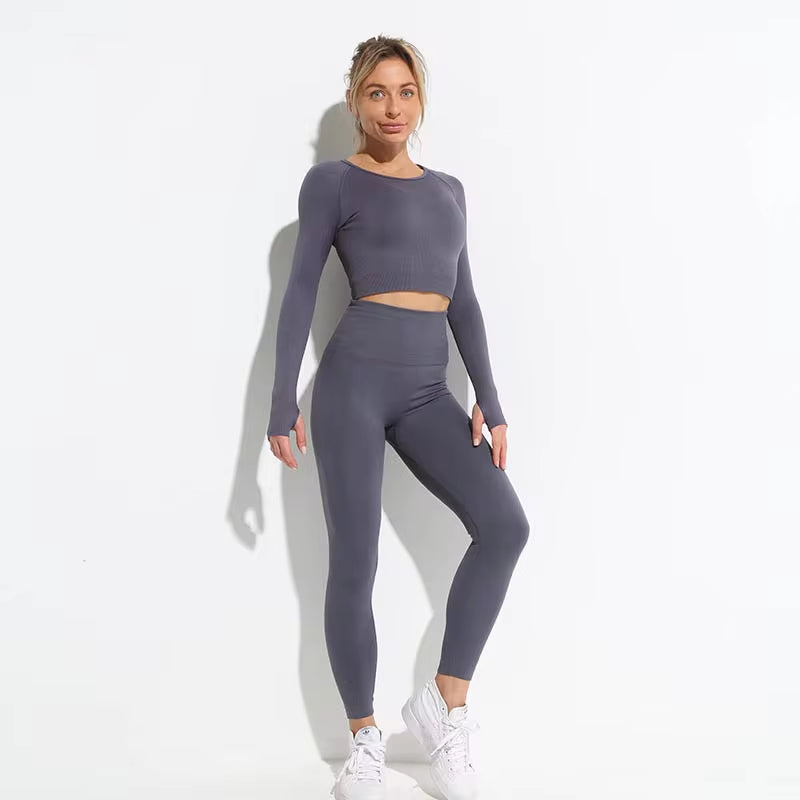 Women’s Seamless 2-Piece Workout Set – Long Sleeve Crop Top & High-Waisted Leggings