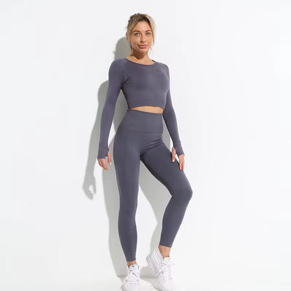 Women’s Seamless 2-Piece Workout Set – Long Sleeve Crop Top & High-Waisted Leggings