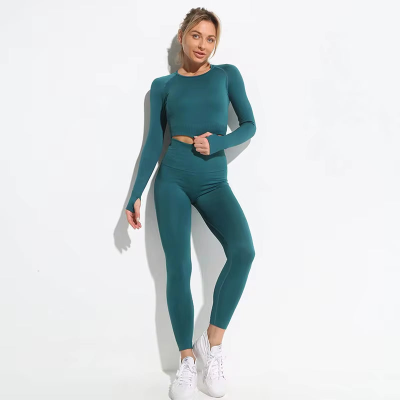 Women’s Seamless 2-Piece Workout Set – Long Sleeve Crop Top & High-Waisted Leggings