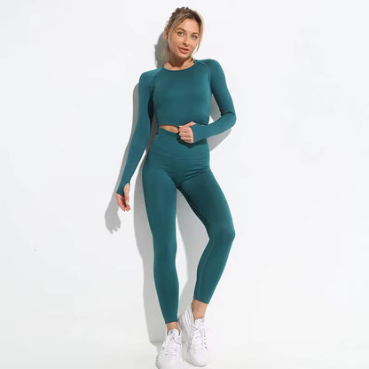 Women’s Seamless 2-Piece Workout Set – Long Sleeve Crop Top & High-Waisted Leggings