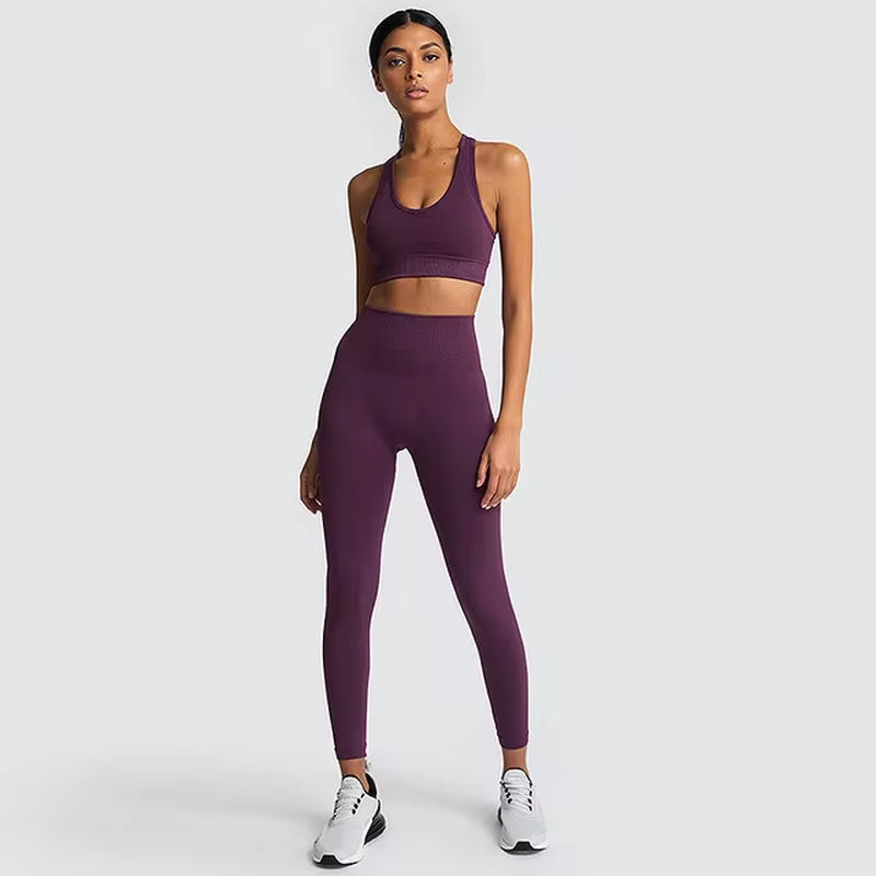 Women’s Seamless 2-Piece Workout Set – Long Sleeve Crop Top & High-Waisted Leggings