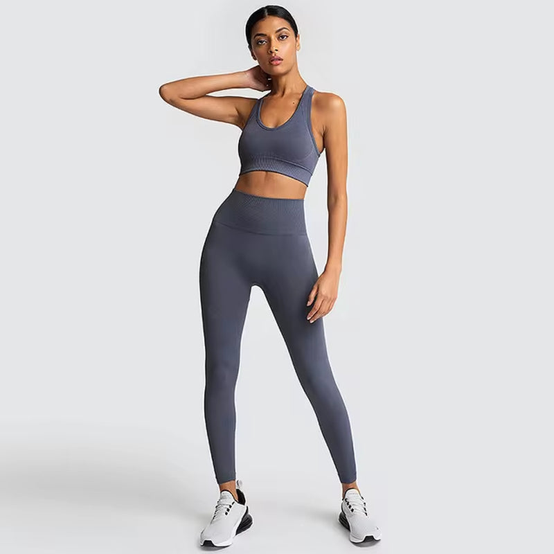 Women’s Seamless 2-Piece Workout Set – Long Sleeve Crop Top & High-Waisted Leggings