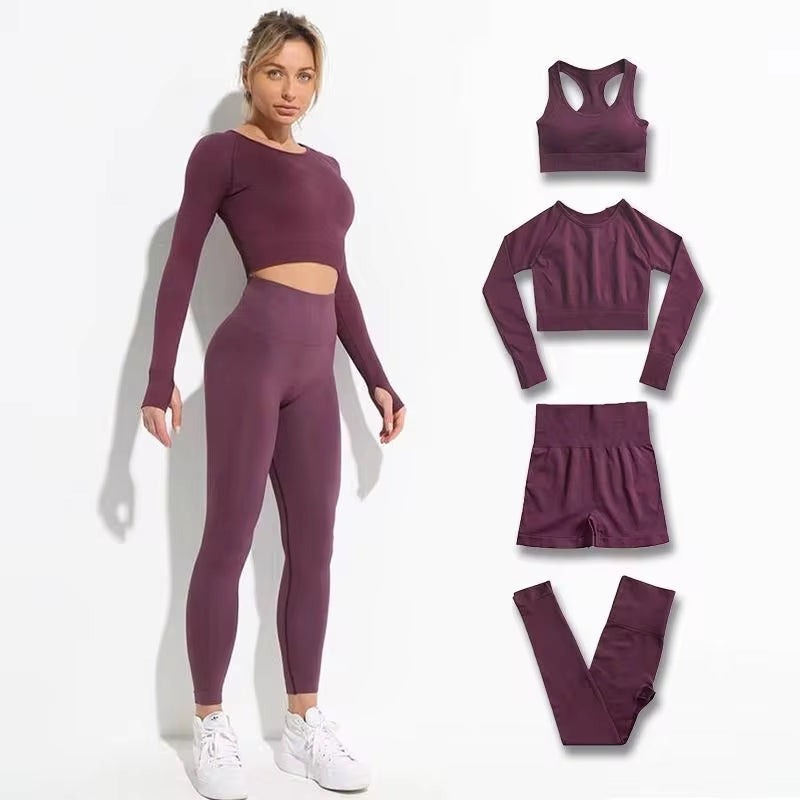Women’s Seamless 2-Piece Workout Set – Long Sleeve Crop Top & High-Waisted Leggings