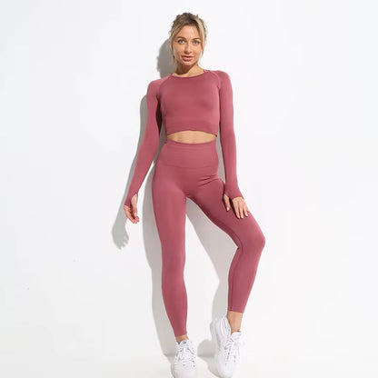 Women’s Seamless 2-Piece Workout Set – Long Sleeve Crop Top & High-Waisted Leggings