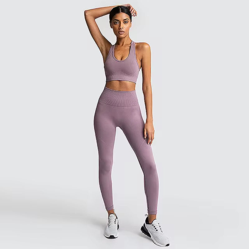 Women’s Seamless 2-Piece Workout Set – Long Sleeve Crop Top & High-Waisted Leggings
