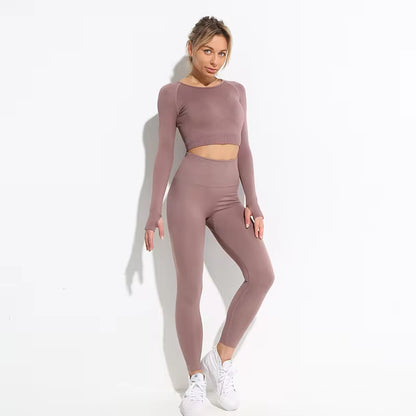 Women’s Seamless 2-Piece Workout Set – Long Sleeve Crop Top & High-Waisted Leggings